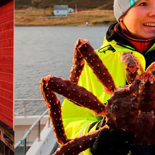 Female crab fisher holding up a king crab